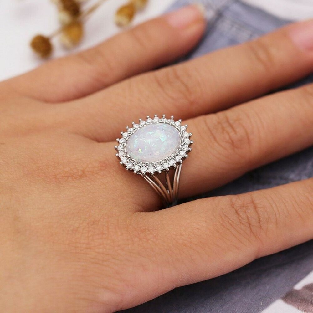 *NEW Huge Opal Diamond Halo 925 Silver Ring - Picture 2 of 7